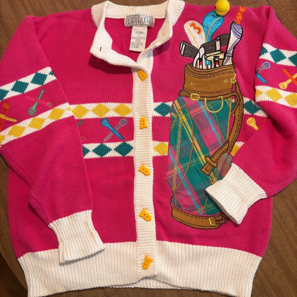 VTG retro quirky Lizi Ruch Golf Themed Pink Cardigan Sz S